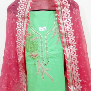 ATHARVA Hand Embroidered Salwar Kameez/Embroidered Neck in Green/Gota Patti Dupatta/Tunic Pants/Churridar/Patiala/Anarkali/Plazzo/CH1469