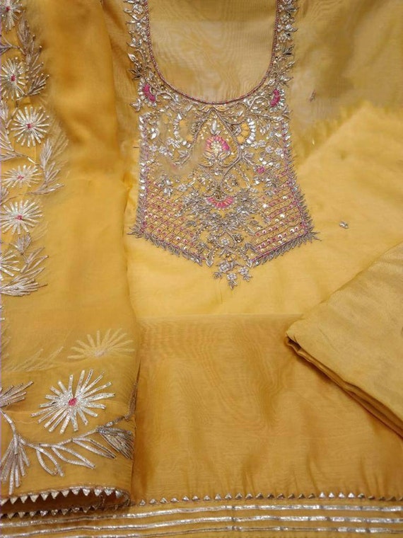 Atharva Hand Embroidery Salwar Kameez/Yellow/Chanderi Silk/Gota Pati Chiffon Chinon Dupatta/Custom Stitch Unstitch/Churridar/Anarkali/CH1718
