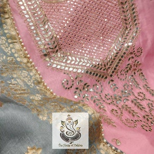 ATHARVA HandEmbroidered Salwar Kameez w/Embroidery Neck in Pink w/Grey Banarsi Silk Dupatta/Bridal Trousseau/Custom Stitching/wedding/CH1217
