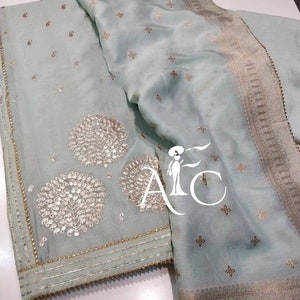 ATHARVA Hand Embroidere Salwar Kameez w/Beautiful Embroidery Panel in Blue Chanderi Silk/Banarsi Silk Dupatta Dark Brown/Gota Patti/CH1260B