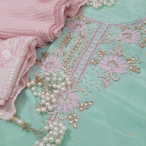 ATHARVA Hand Embroidery Salwar Kameez/Embroidery neck Green Silk/Georgette Sequence Embroidery Dupatta/Custom Stitch/Churridars/US2001