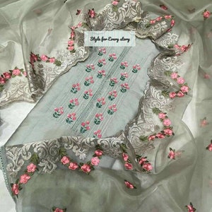 ATHARVA HAND EMBROIDERY Salwar Kameez/Chanderi Silk Pista Green/Organza Thread Work Dupatta/Custom Stitch Unstitch/Anarkali/Plazzo/CH1449