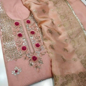 ATHARVA Hand Embroidery Salwar Kameez/Embroidery Neck Peach/Banarsi Silk Dupatta/Custom Stitch/Tunic/Patiala/Churridar/Anarkali/CH1508