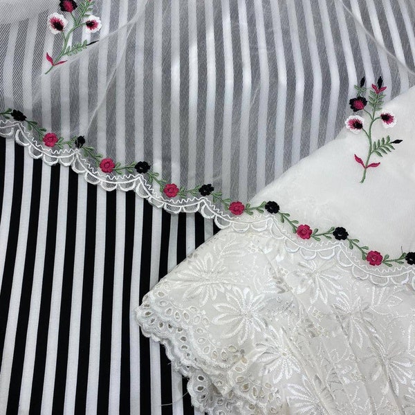 Atharva Embroidery Salwar Kameez/Embroidered Dupatta in White Kota/Beautiful Cotton Shirt Black White stripes/Cotton Chikankari Bottom KO321