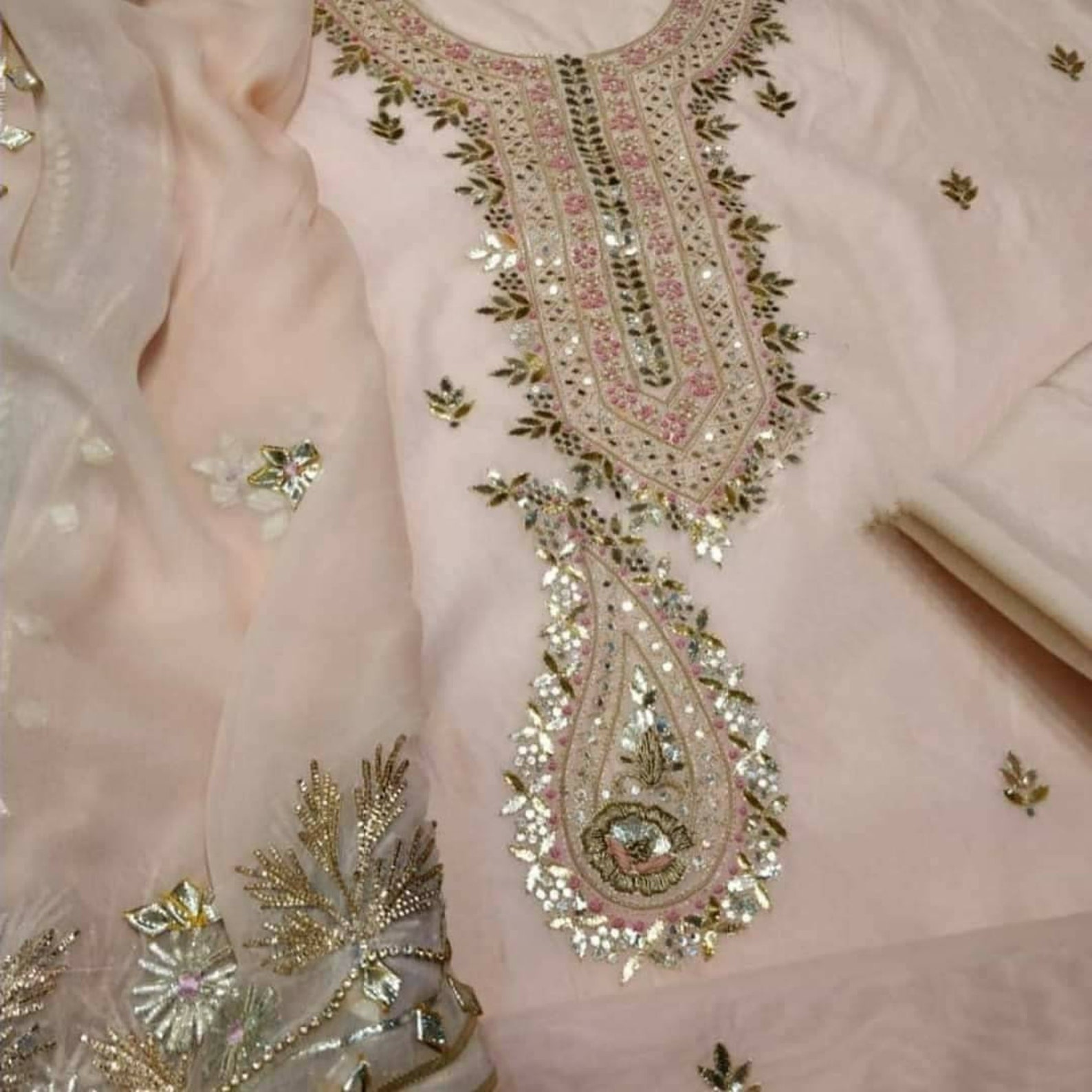 ATHARVA Hand Embroidered Salwar Kameez W/embroidery Neck Peach | Etsy