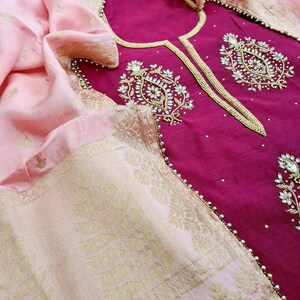 ATHARVA HAND EMBROIDERED Salwar Kameez w/ Embroidered Neck &Jaal in Purple.  Banarsi Silk Dupatta/Customized Stitching/Wedding/Bridal/CH1438