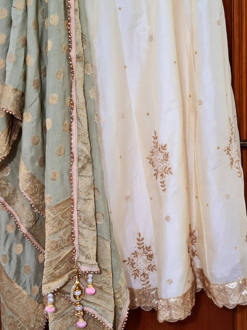 ATHARVA Hand Embroidered Salwar Kameez wEmbroidered Neck in Beige w Banarsi Silk DupattaMaxi Dress Customized StitchingWeddingDS 5001