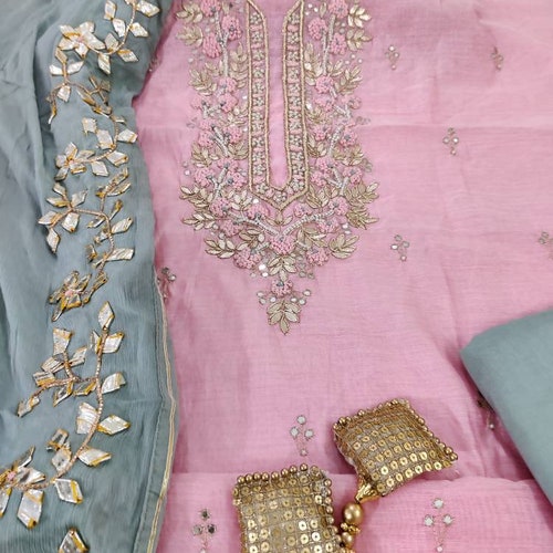 ATHARVA Hand Embroidery Salwar Kameez/pink Chanderi Silk/grey - Etsy