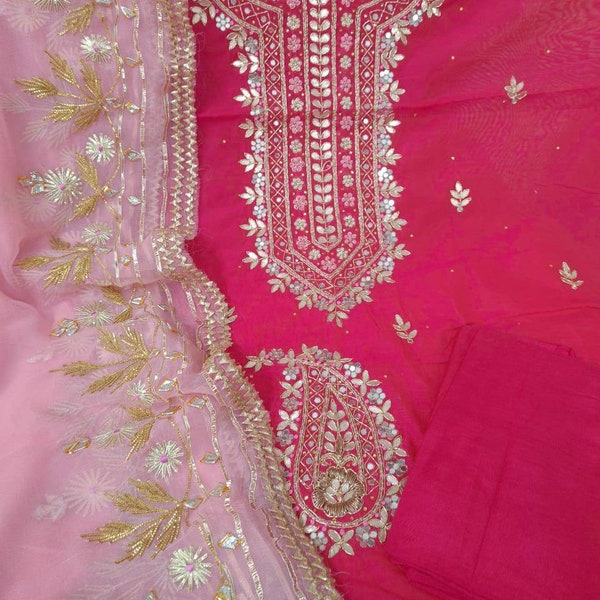 ATHARVA Hand Embroidered Salwar Kameez in Pink Reds/Chiffon Gota Patti Dupatta/Custom Stitch Unstitch/Anarkali/Churidar/Tunic/Plazzos/CH1576