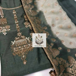 ATHARVA Hand Embroidery Sawar Kameez/Green Grey/Chander Silk/Dual Shade Banarsi Silk Dupatta/Custom Stitch Unstitch/Custom Anarkali/CH1205C