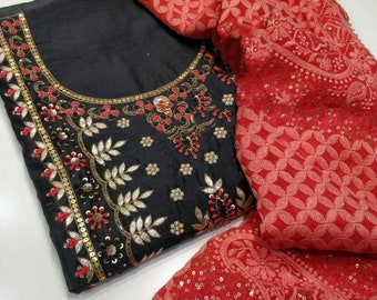 ATHARVA Hand Embroidery Salwar Kameez /Embroidery Neck Black/ Georgette Dupatta Reds/Tassels/Plazzos/Pants/Tunics/Churridar/Anarkali/GE9018
