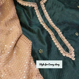 ATHARVA Salwar Kameez/Hand Embroidery/Bottle Green/Golden Georgette Dupatta/Sequence Work/Tassels Latkans/ Custom Stitch Unstitch/GE9011
