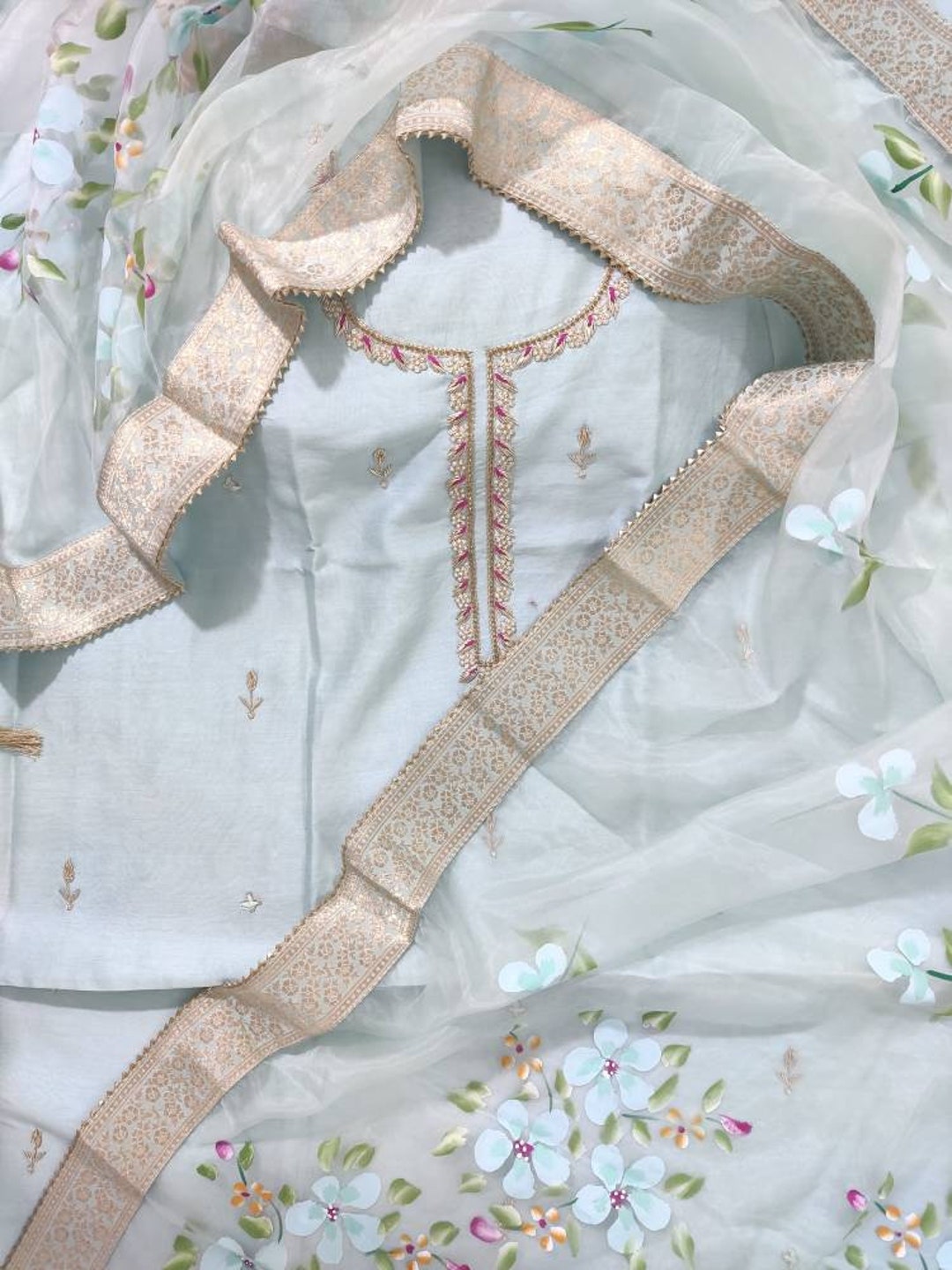 ATHARVA Hand Embroidery Salwar Kameez/chanderi Shirt/blue/hand Paint