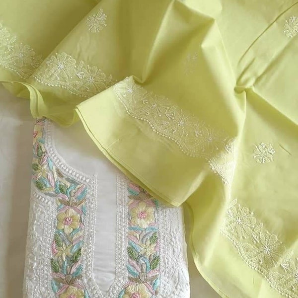 ATHARVA Hand Embroidery Salwar Kameez White Yellow/Lucknovi Chikankari Embroidery Voil Cotton Shirt & Dupatta/Custom Stitch Unstitch/CH1640A