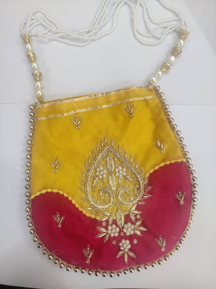 Wenz Raw-Silk Designer Polti Bag for women with Golden Embroidery and Cheed  Moti Handle WP-6 : Amazon.in: Fashion