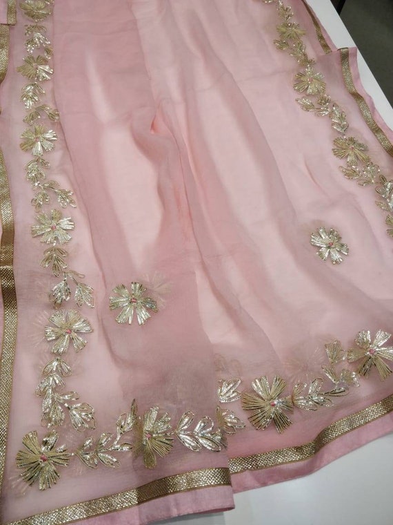 ATHARVA Hand Embroidered/Indian Wedding Dupatta in Pink/Gota Patti Work 4 Side Border/Flowers Jaal w/Tassels/Duppata/Stolls/Wrap/DUP12
