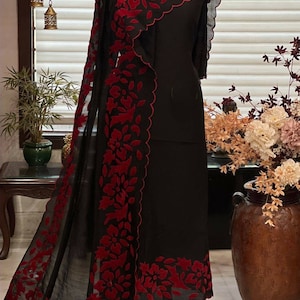 ATHARVA Cut-Work Embroidery Salwar Kameez/Black Chanderi Shirt Dupatta/Maroon Velvet Patch/Custom Stitch Unstitch/Plazzo/Pants/Gift/CUT8029