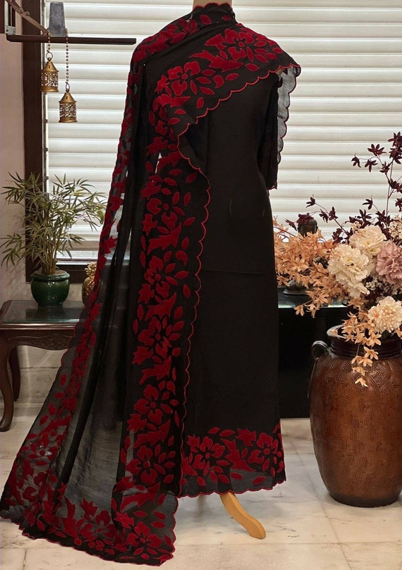black dress with red dupatta ATHARVA Cut-Work Embroidery Salwar Kameez/Black Chanderi Shirt Dupatta/Maroon Velvet Patch/Custom Stitch Unstitch/Plazzo/Pants/Gift/CUT8029
