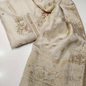 ATHARVA Hand Embroidery Salwar Kameez/Embroidery Neck/Beige Chanderi/Banarsi Silk Dupatta/Custom Stitch Unstitch/Pants/Patiala Salwar/CH1584