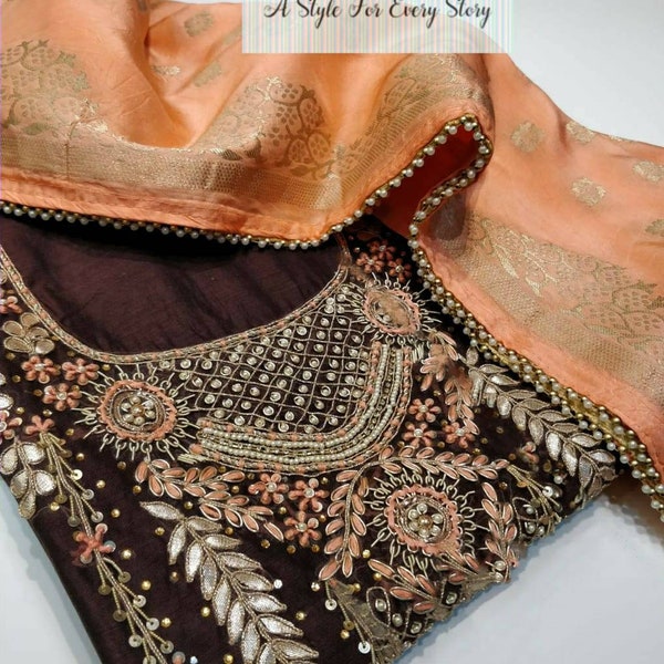 ATHARVA Hand Embroidered Salwar Kameez Brown/Embroidered Neck/Banarsi Silk Dupatta/Gota Patti/Custom Stitch/Wedding/Latkans/Bridal/CH1273