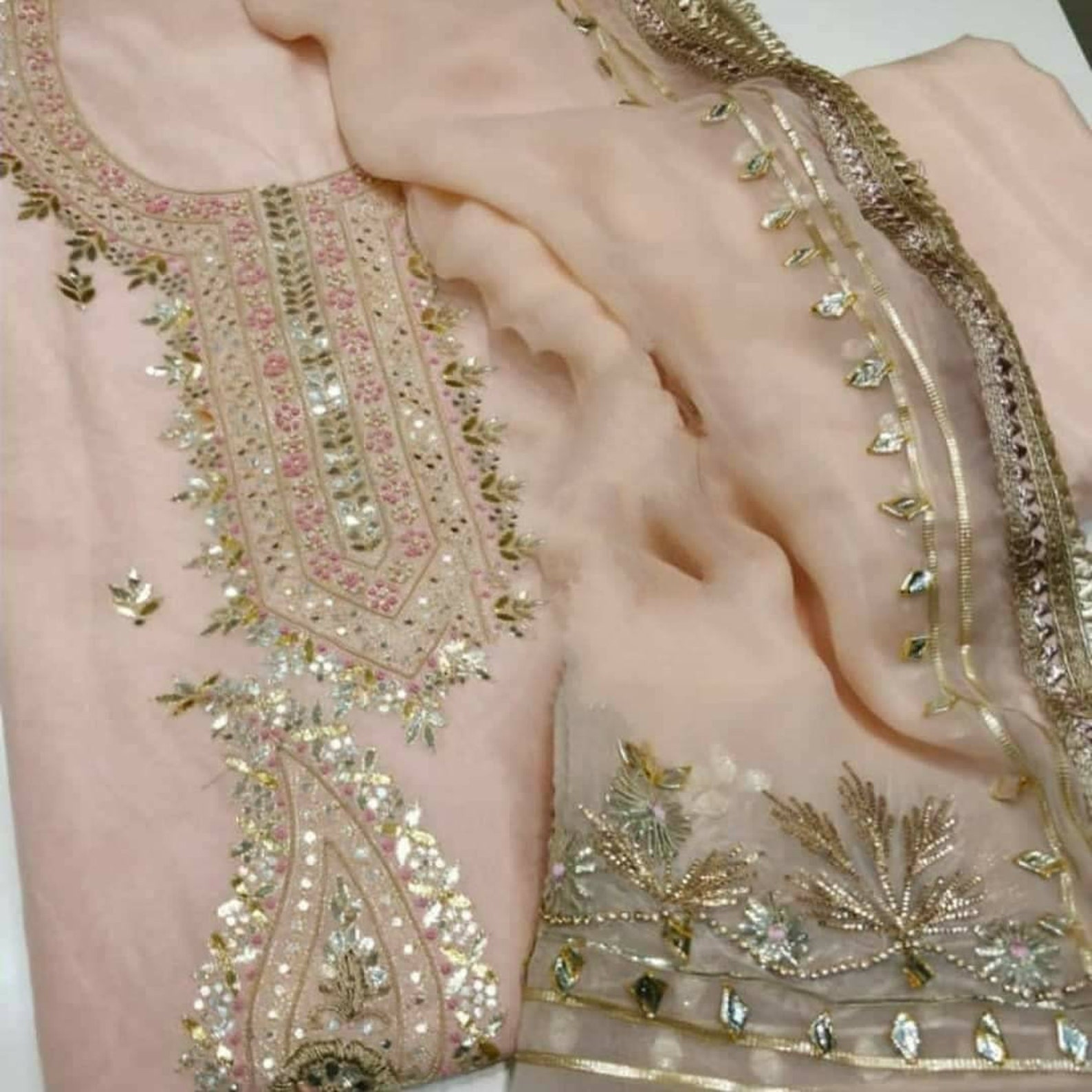 ATHARVA Hand Embroidered Salwar Kameez W/embroidery Neck Peach - Etsy