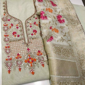 ATHARVA Hand Embroidery Salwar Kameez w/Embroidery Neck Light Beige/Banarsi Meenakari Dupatta/Gota Patti Custom Stitch/Plazo/Patiala/CH1570