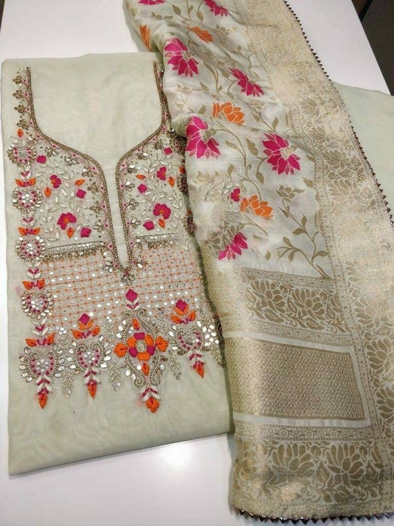 ATHARVA Hand Embroidery Salwar Kameez W embroidery Neck Light Beige banarsi Meenakari Dupatta gota Patti Custom Stitch plazo patiala ch1570 Etsy Canada