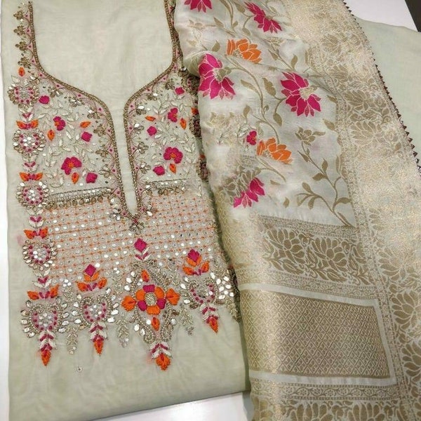 ATHARVA Hand Embroidery Salwar Kameez w/Embroidery Neck Light Beige/Banarsi Meenakari Dupatta/Gota Patti Custom Stitch/Plazo/Patiala/CH1570