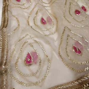 ATHARVA Hand Embroidered/Indian Wedding Dupatta Chunni/Beige Chiffon/Gota Work All over/Majenta Thread/Tassels/Stole/Wrap/Sarong/Shawl/DUP25