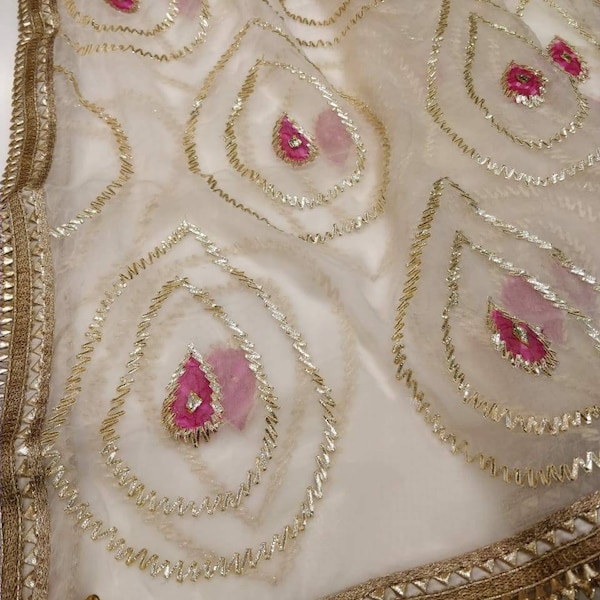 ATHARVA Hand Embroidered/Indian Wedding Dupatta Chunni/Beige Chiffon/Gota Work All over/Majenta Thread/Tassels/Stole/Wrap/Sarong/Shawl/DUP25