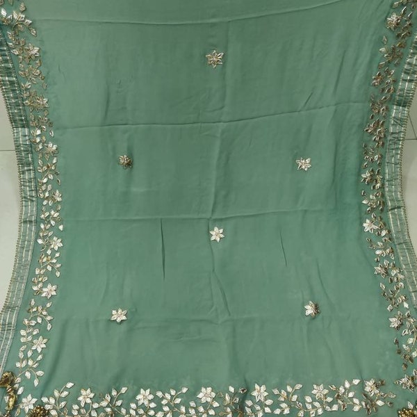 ATHARVA Embroidered/Indian Wedding Chiffon Dupatta Pista Green/Gota Patti Work 4 Side Border/Flowers Jaal w/Tassels/Dupata/Stolls/Wrap/DUP43