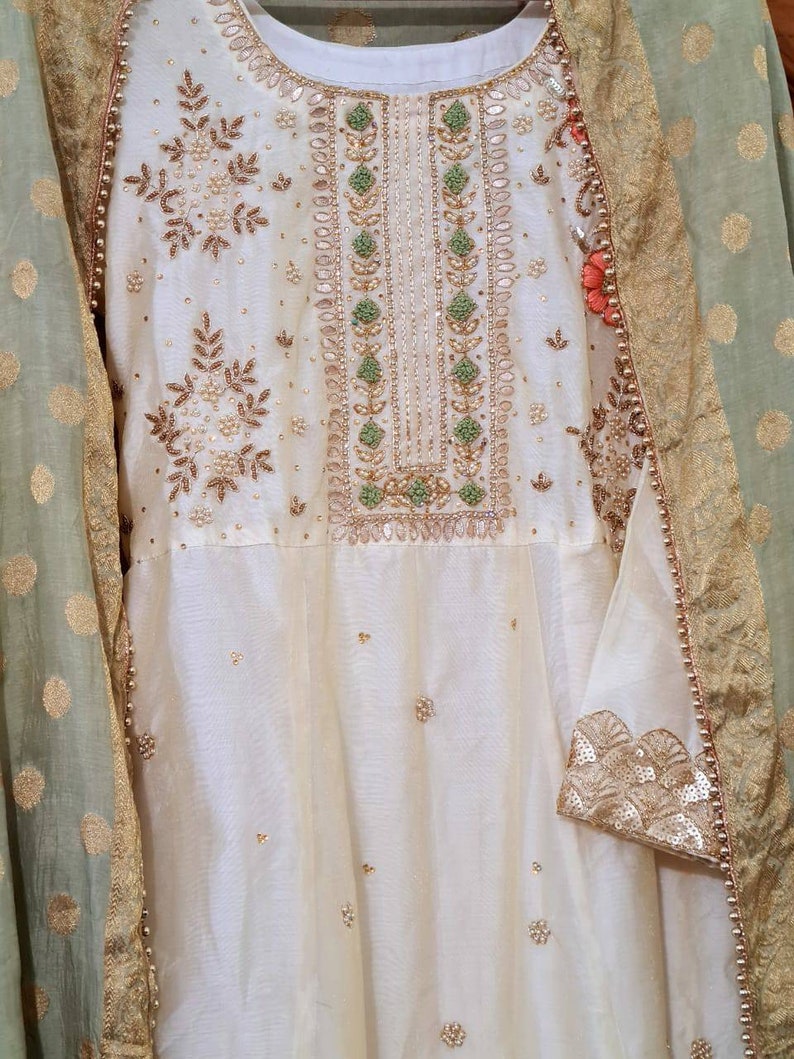 ATHARVA Hand Embroidered Salwar Kameez wEmbroidered Neck in Beige w Banarsi Silk DupattaMaxi Dress Customized StitchingWeddingDS 5001