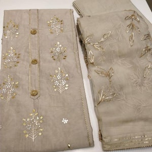 ATHARVA Hand Embroidered  Salwar Kameez w/Beautiful Embroidery Jaal in Beige Chanderi & Gota Patti Chiffon Dupatta. Elegant Gota Work-CH1419