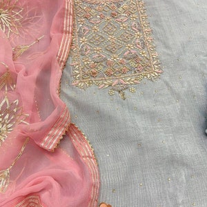 ATHARVA Hand Embroidery Salwar Kameez/Grey Chanderi Silk Shirt/Pink Gota Patti Chiffon Dupatta/Custom Stitch Unstitch/Anarkali/Gift/CH1829