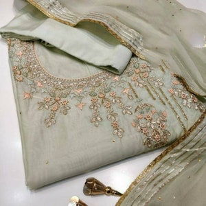ATHARVA Hand Embroidery Salwar Kameez Pista Green/Chanderi Silk/Chiffon Dupatta/Custom Stitch Unstitch/Gift/Anarkali/Plazo/Pant/CH1615