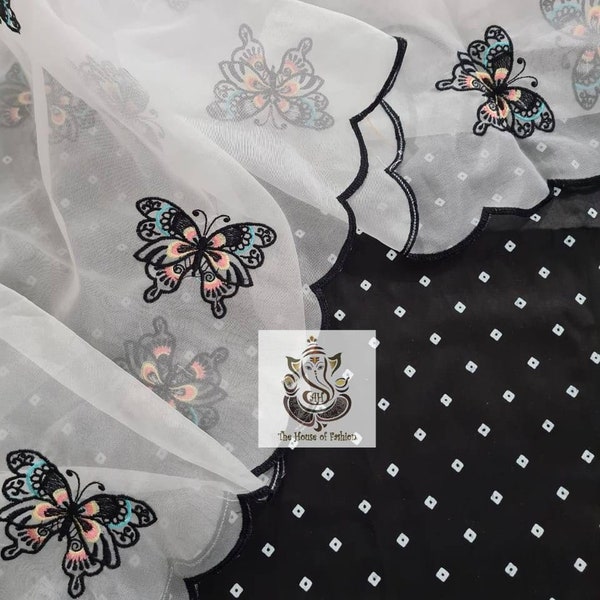 Atharva Embroidered Cotton Salwar Kameez/Cotton Printed Shirt Black/Butterfly Organza Dupatta/Cotton Bottom Black/Bridal Trousseau/CO213