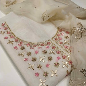 ATHARVA Hand Embroidered Salwar Kameez W embroidery Neck Beige