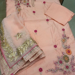 ATHARVA Hand Embroidered Salwar Kameez/Embroidered Neck in Peach/Gota Patti Dupatta/Tunic Pants/Churridar/Patiala/Anarkali/Plazzo/CH1468