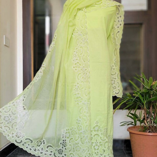 ATHARVA Hand Embroidery Salwar Kameez/Chanderi Cut-Work Shirt & Dupatta/Santoon Bottom/Light Green/Custom Stitch Unstitch/Plazo/Pant/CUT8002