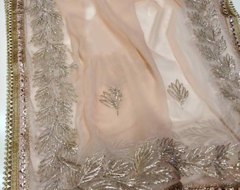 ATHARVA Dupatta/Bordado a mano/Boda india/Melocotón/Gota Patti Border & Jaal/Chiffon Chinnon/Personalización de tela/Chales/Stolls/Wrap/DUP22