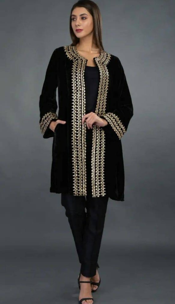 ATHARVA Hand Embroidery Velvet Ladies Coat/black/dabka Zari Gota