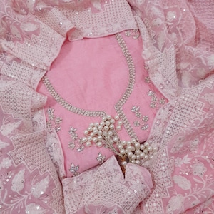ATHARVA Hand Embroidery Salwar Kameez/Embroidery neck Baby Pink/Georgette Sequence Embroidery Dupatta/Custom Stitch/Churridar/Patiala/CH1501