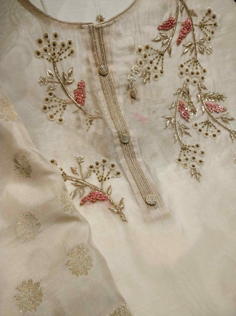 ATHARVA Hand Embroidery Salwar Kameez/embroidery Neck/beige Etsy