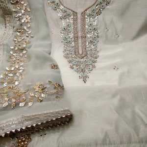 ATHARVA Hand Embroidery Salwar Kameez /Neck Embroidery/Light Pista Green/Gota Patti Chiffon Dupatta/Custom Stitch Unstitch/Gift/Plazo/CH1654