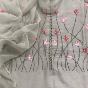 ATHARVA Hand Embroidered Salwar Kameez w/Elegant Embroidered  Neck in Grey Chanderi w/Pure Chiffon  Chinnon Dupatta & Santoon Salwar/ CH1256