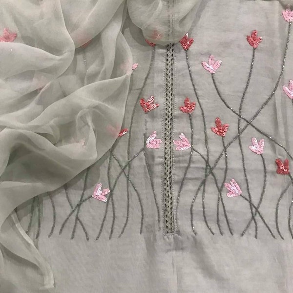 ATHARVA Hand Embroidered Salwar Kameez w/Elegant Embroidered  Neck in Grey Chanderi w/Pure Chiffon  Chinnon Dupatta & Santoon Salwar/ CH1256
