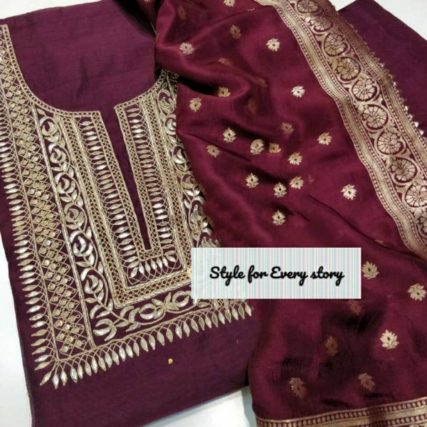 ATHARVA Embroidery Salwar Kameez w/Embroidery Neck Maroon w/Banarsi Silk Dupatta/Gota Patti Custom Stitch/Tunic Pant/Patiala Salwar/CH1476