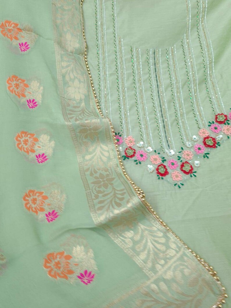 ATHARVA Hand Embroidered Indian Salwar Kameez Pista GreenBanarsi Meenakari DupattaCustom Stitch UnstitchAnarkaliPlazzosGiftCH1592A
