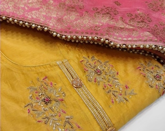 ATHARVA Embroidered Salwar Kameez with Beautiful Neck and all Over Embroidery in yellow and Banarsi Silk Dupatta in pink w/ Santoon -CH1015A