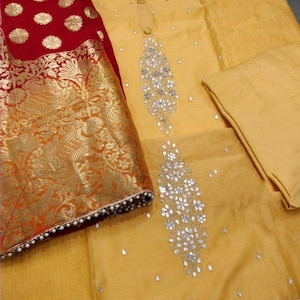 ATHARVA Hand Embroidery Salwar Kameez w/Beautiful Embroidered Panel & Thread work in Yellow  Chanderi/Beautiful Banarsi Silk Dupatta/CH1089D
